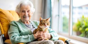 Caregiver reviews a personalized care plan with an older resident at a dining table.